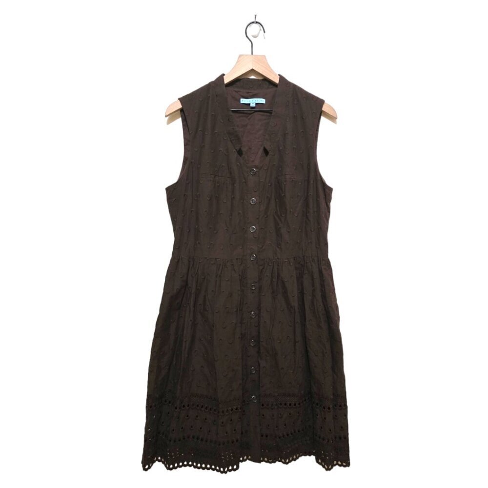 Antonio Melani Brown Cotton Sleeveless V-Neck Eyelet A-Line Dress Sz 14